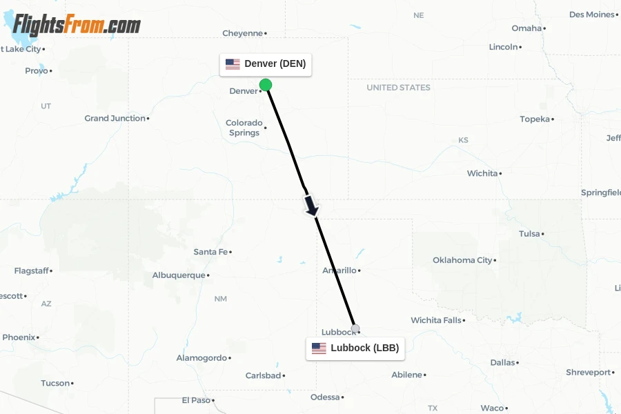 Flights from Denver to Lubbock route map