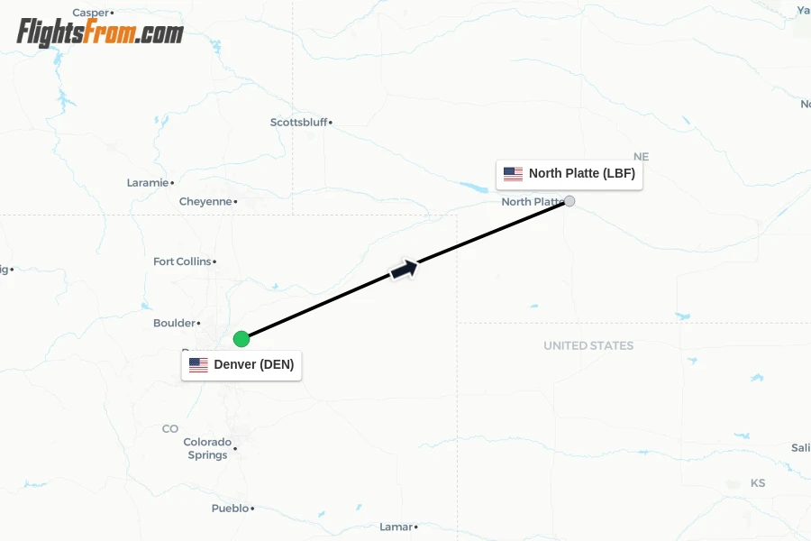 Flights from Denver to North Platte route map