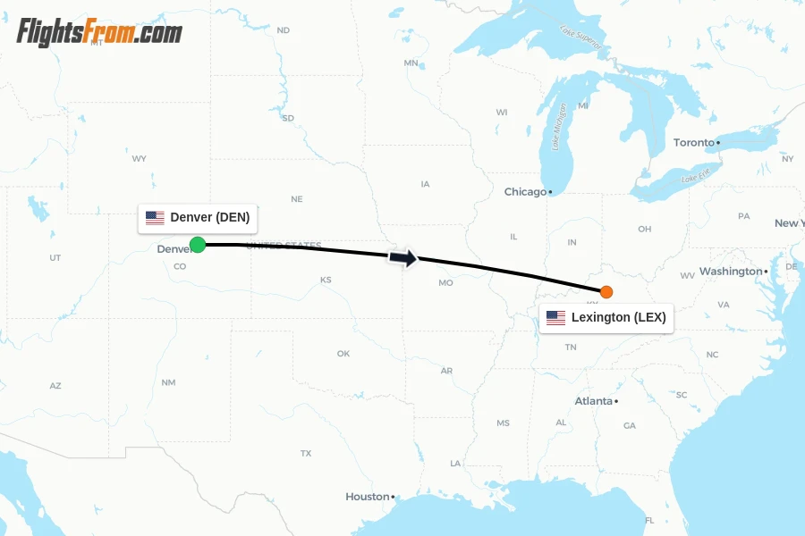 Flights from Denver to Lexington route map