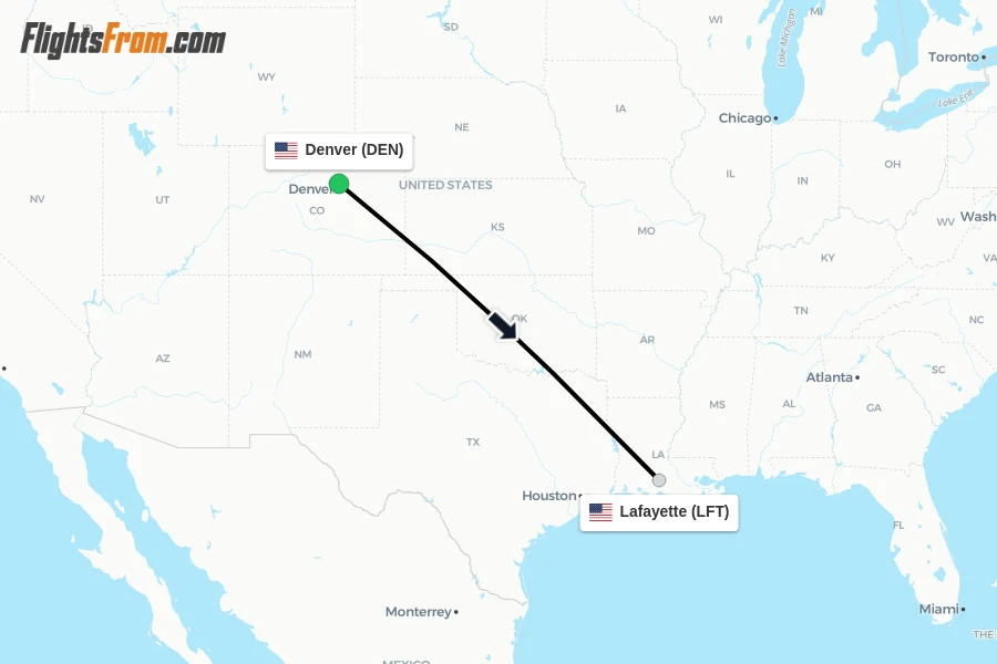 Flights from Denver to Lafayette route map
