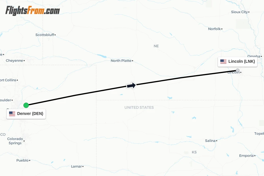 Flights from Denver to Lincoln route map