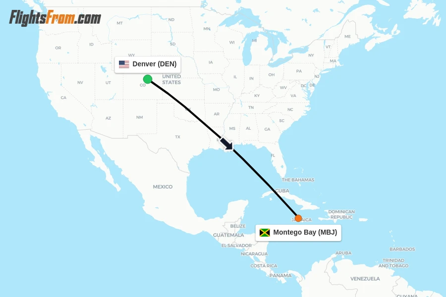 Flights from Denver to Montego Bay route map