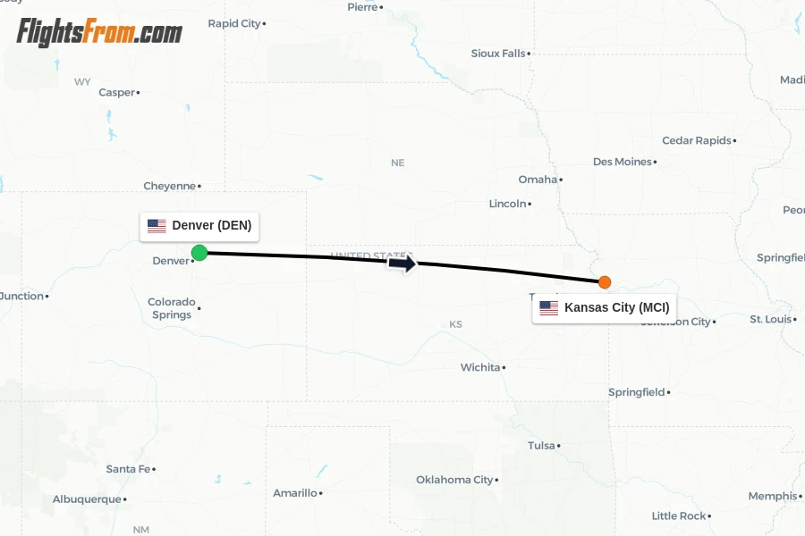 Flights from Denver to Kansas City route map
