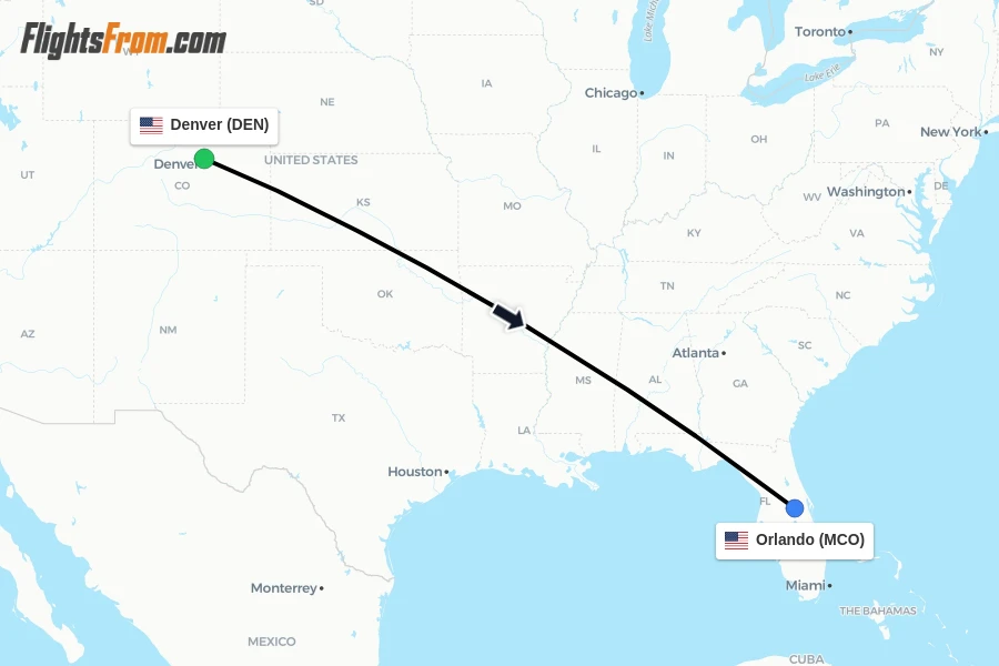Flights from Denver to Orlando route map
