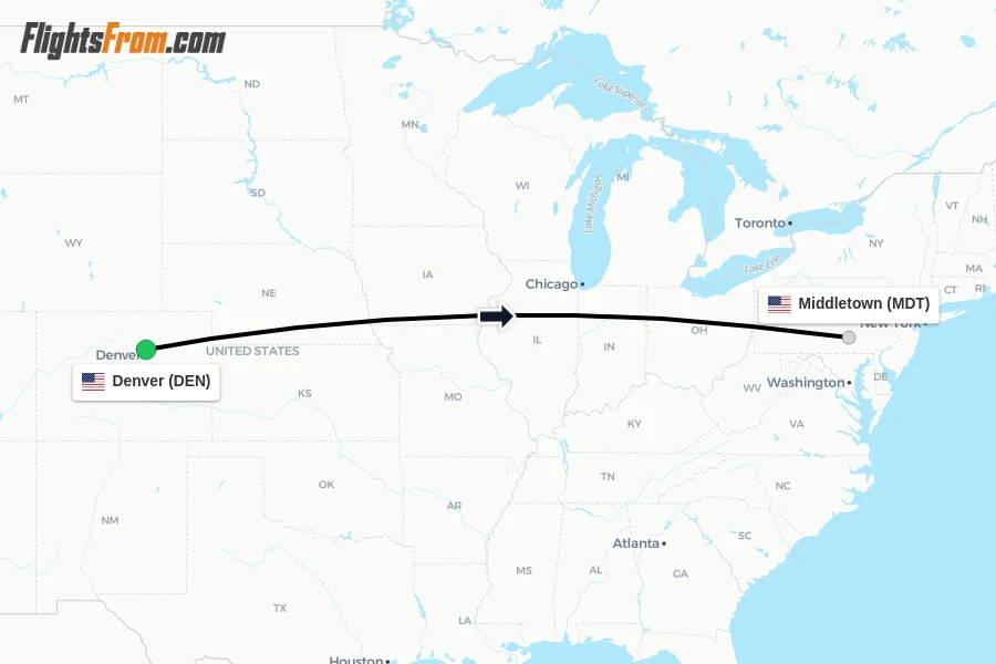 Flights from Denver to Middletown route map