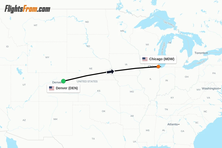 Flights from Denver to Chicago route map