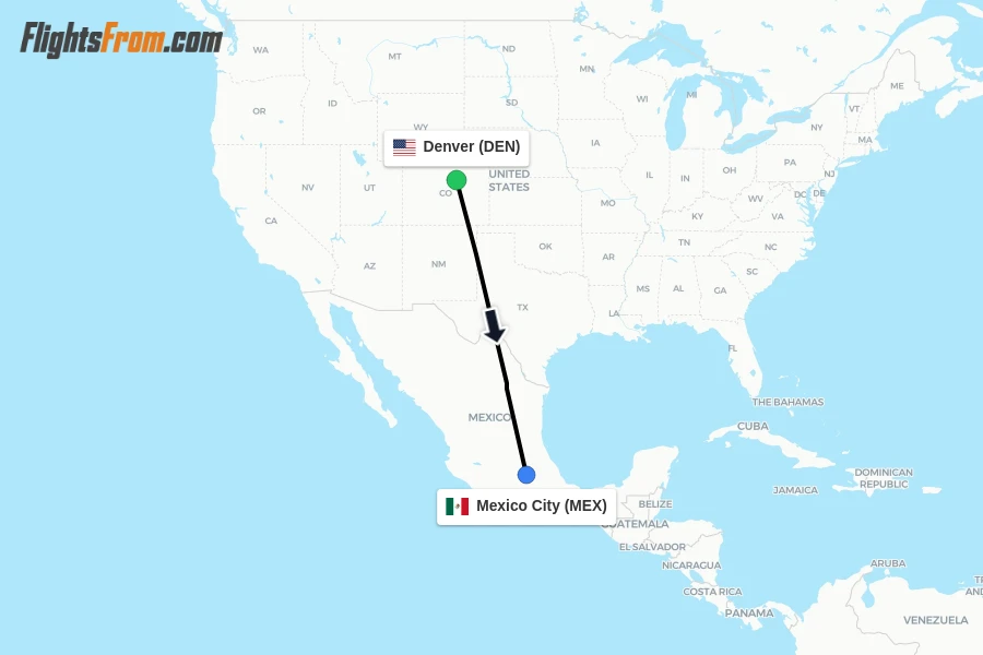 Flights from Denver to Mexico City route map