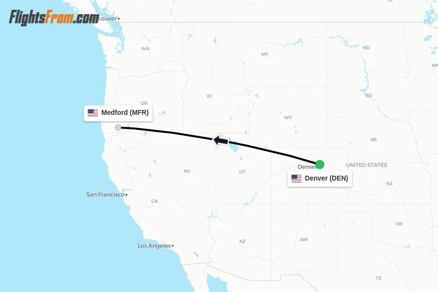 Flights from Denver to Medford route map