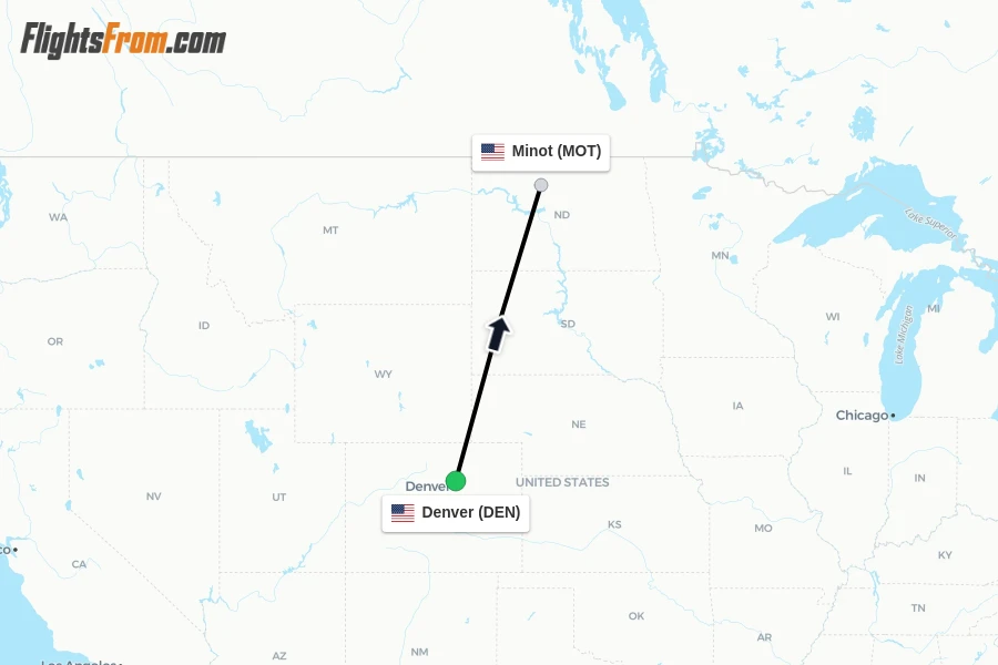 Flights from Denver to Minot route map