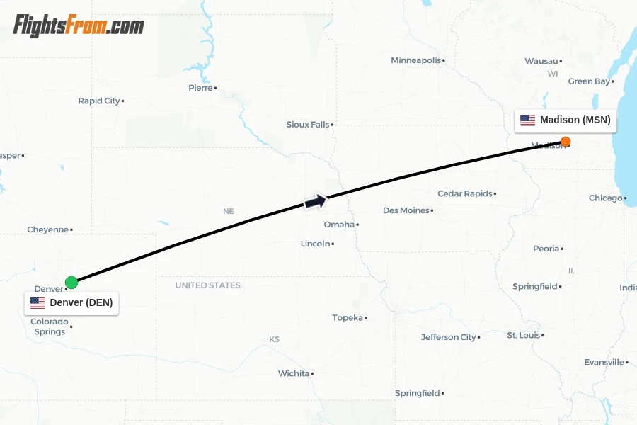 Flights from Denver to Madison route map