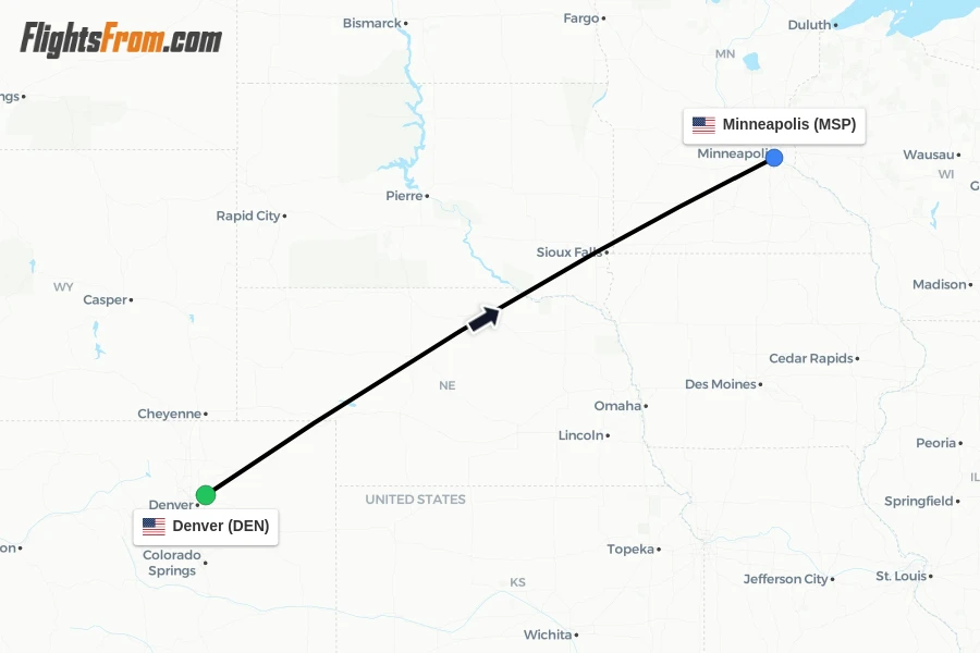 Flights from Denver to Minneapolis route map