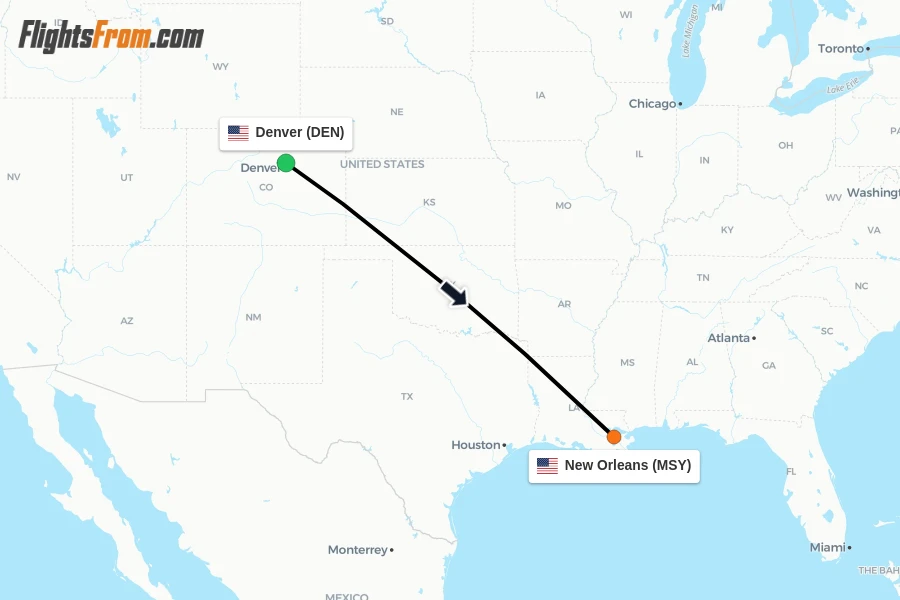 Flights from Denver to New Orleans route map