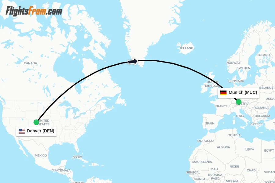 Flights from Denver to Munich route map