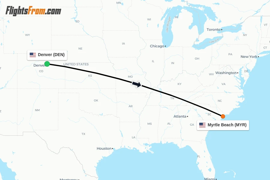Flights from Denver to Myrtle Beach route map