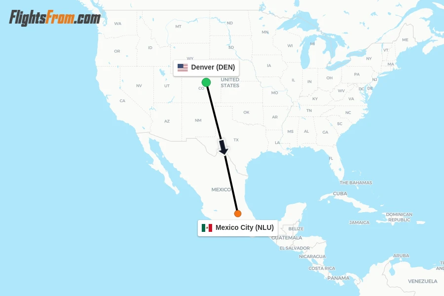 Flights from Denver to Mexico City route map