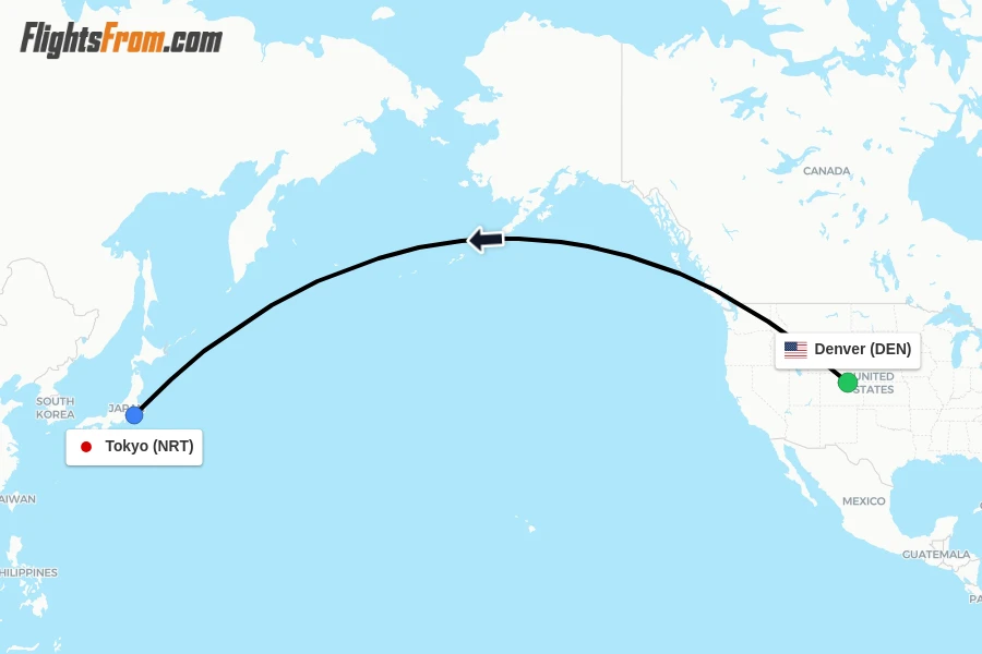 Flights from Denver to Tokyo route map