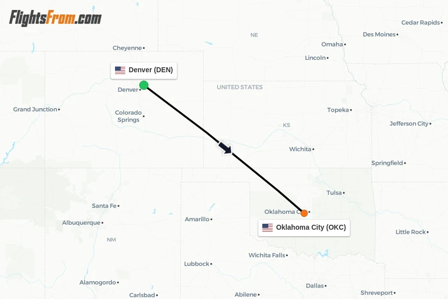 Flights from Denver to Oklahoma City route map