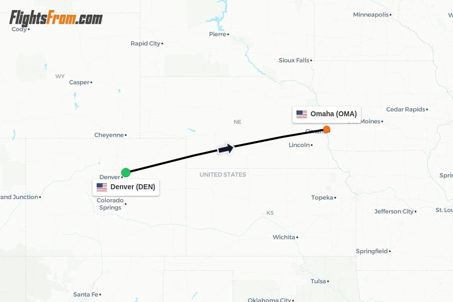 Flights from Denver to Omaha route map