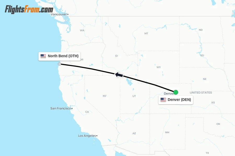 Flights from Denver to North Bend route map