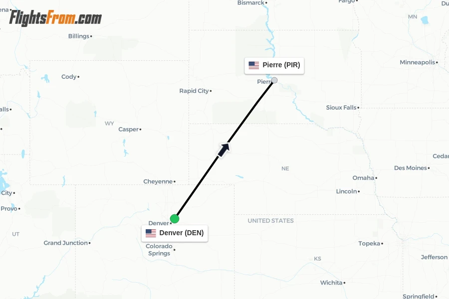 Flights from Denver to Pierre route map
