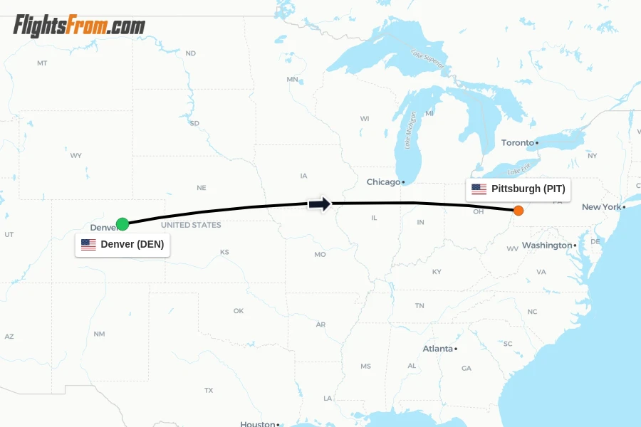 Flights from Denver to Pittsburgh route map