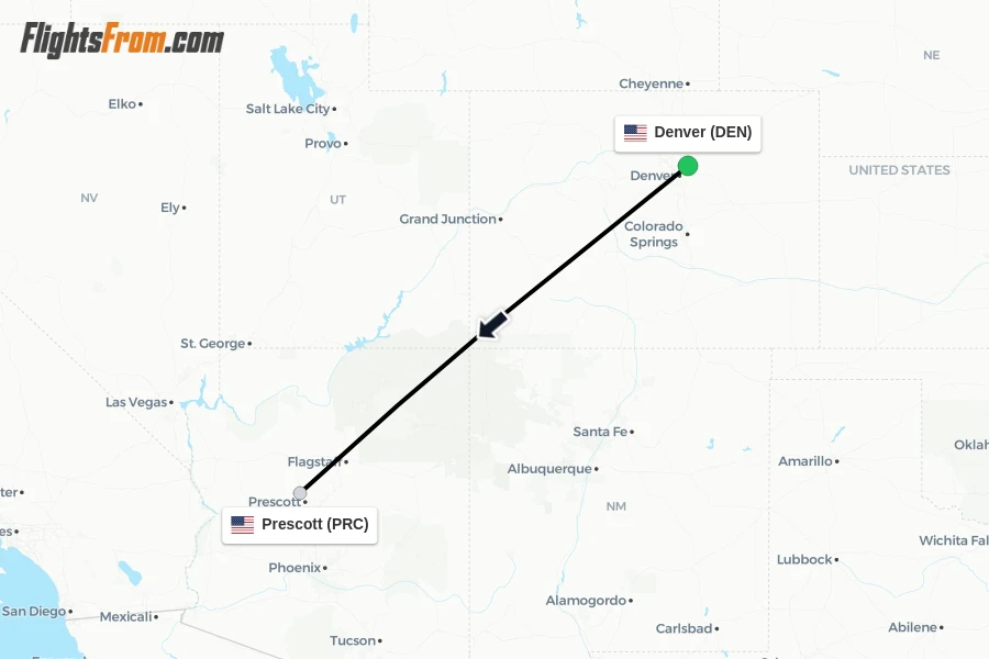 Flights from Denver to Prescott route map
