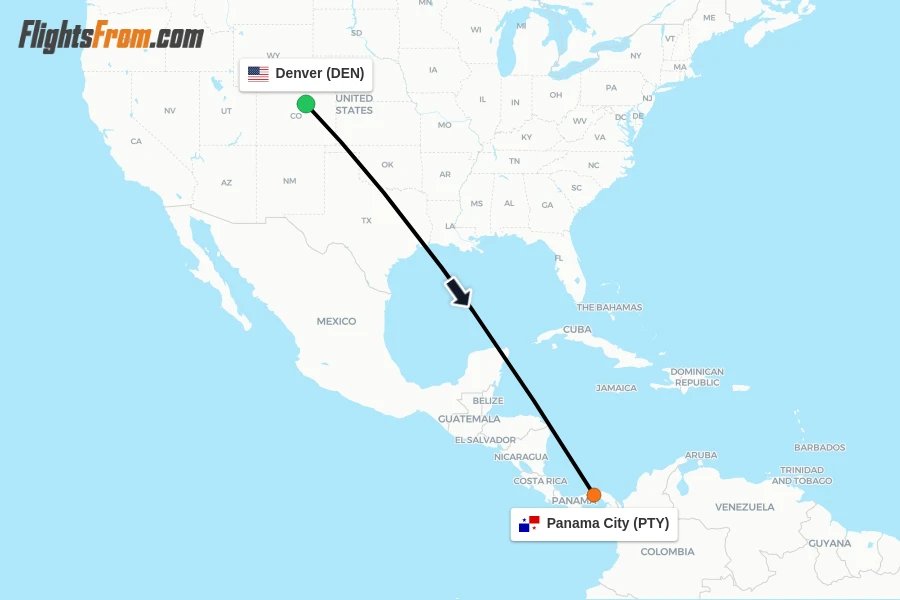 Flights from Denver to Panama City route map