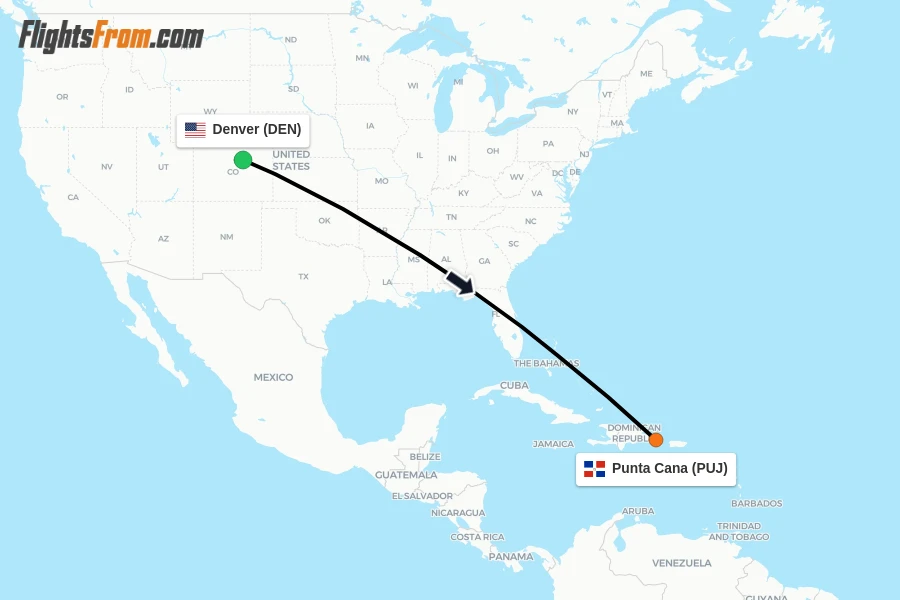 Flights from Denver to Punta Cana route map