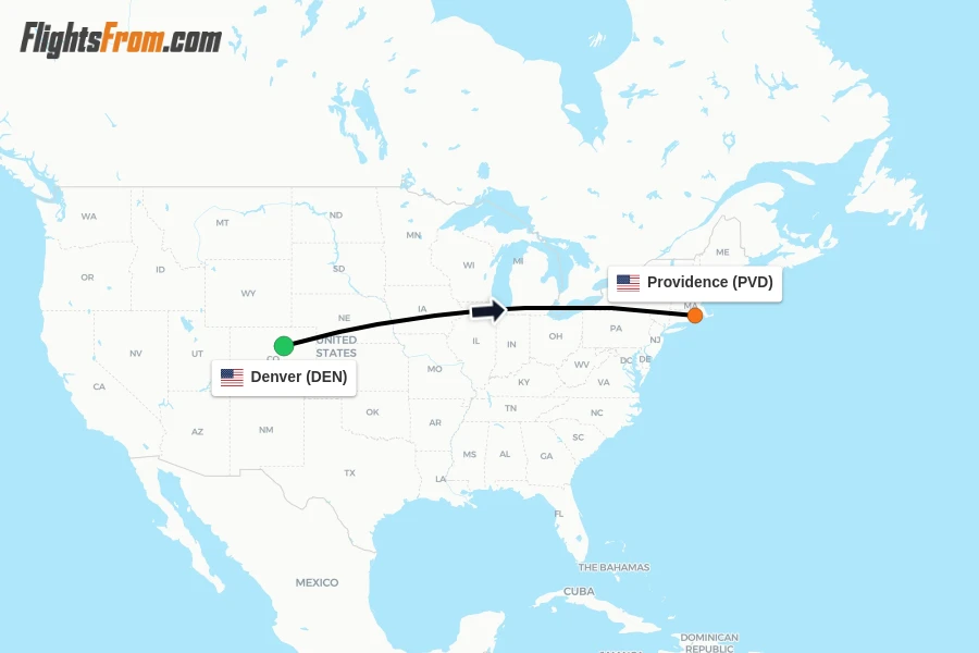 Flights from Denver to Providence route map