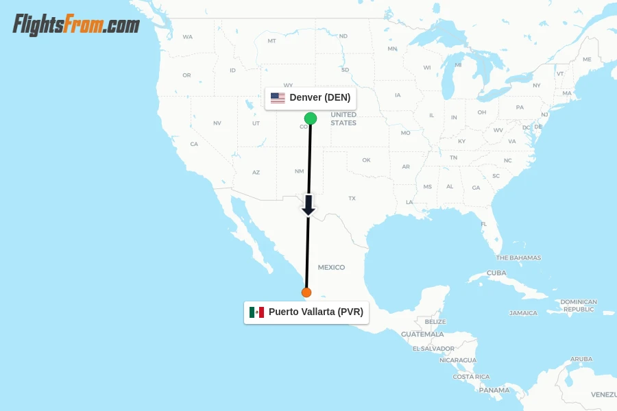 Flights from Denver to Puerto Vallarta route map