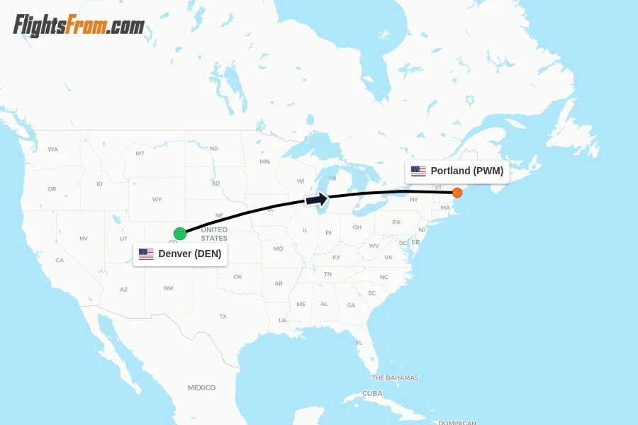 Flights from Denver to Portland route map