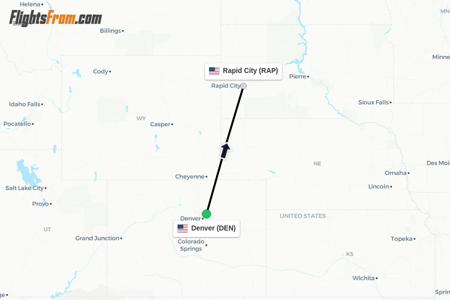 Flights from Denver to Rapid City route map