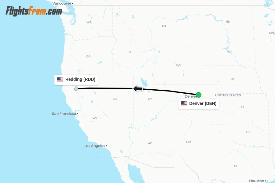 Flights from Denver to Redding route map