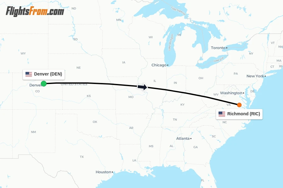Flights from Denver to Richmond route map