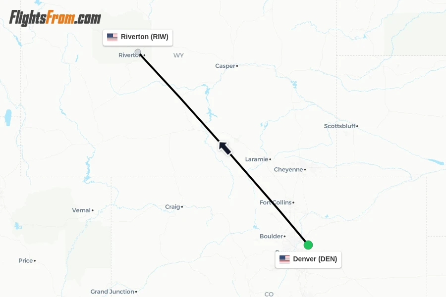 Flights from Denver to Riverton route map