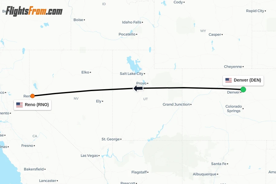 Flights from Denver to Reno route map