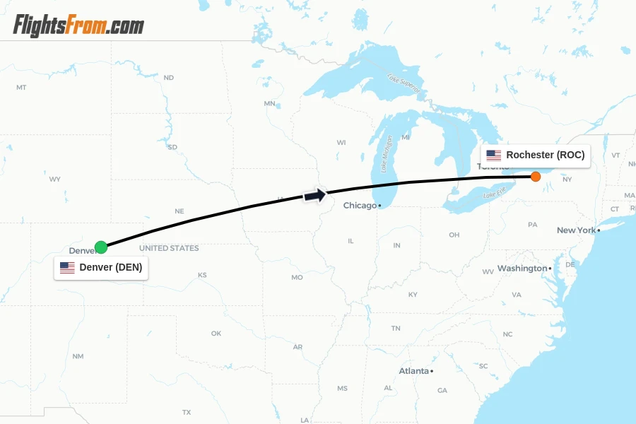 Flights from Denver to Rochester route map