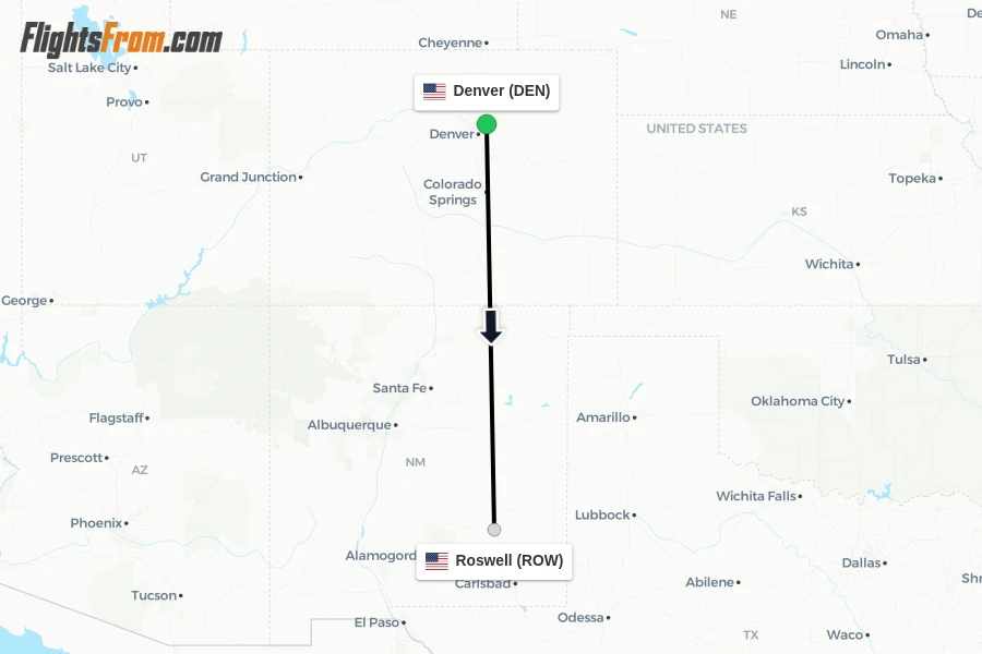 Flights from Denver to Roswell route map