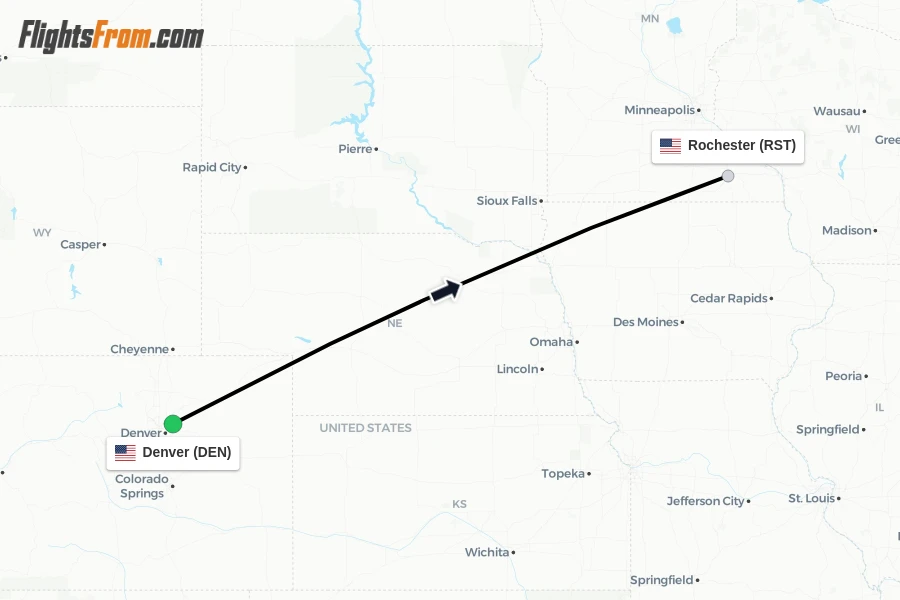 Flights from Denver to Rochester route map