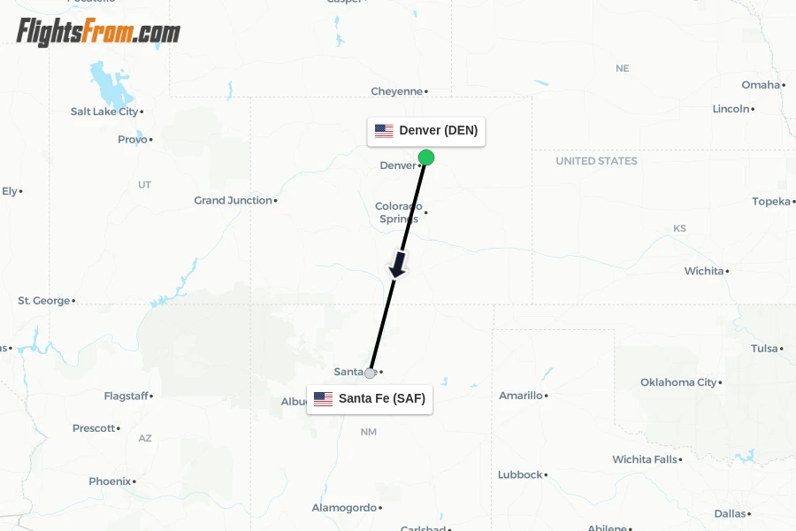 Flights from Denver to Santa Fe route map