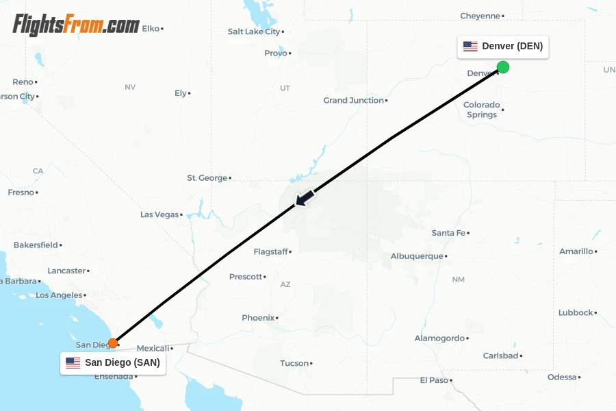 Flights from Denver to San Diego route map