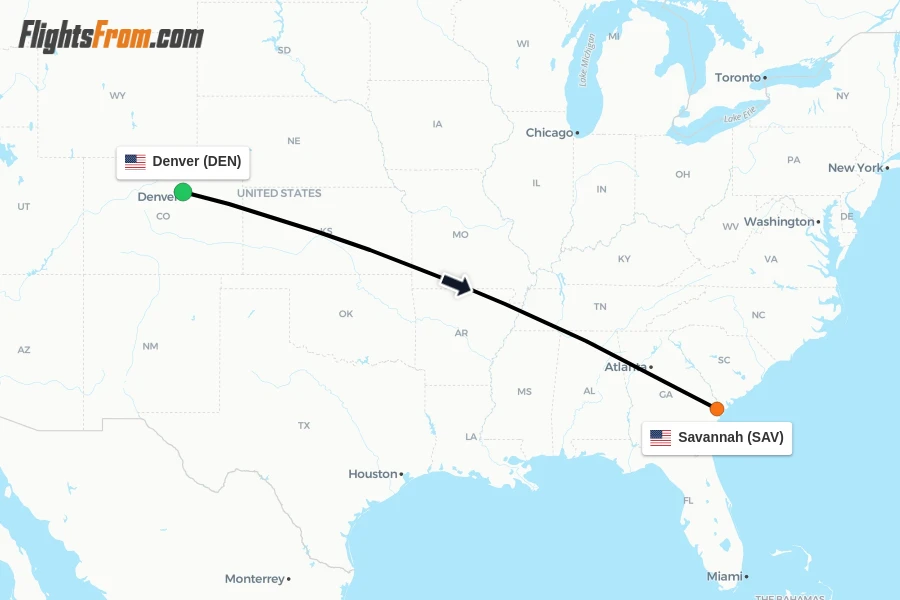 Flights from Denver to Savannah route map