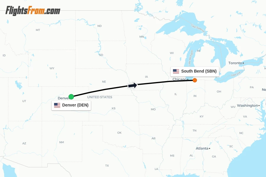 Flights from Denver to South Bend route map