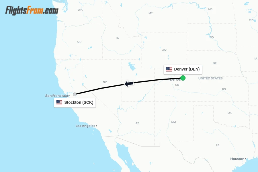 Flights from Denver to Stockton route map