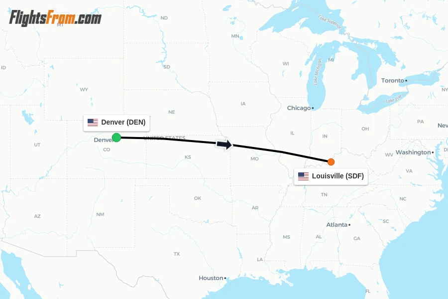 Flights from Denver to Louisville route map