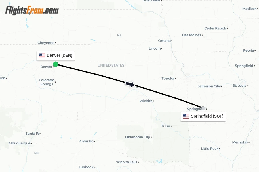 Flights from Denver to Springfield route map