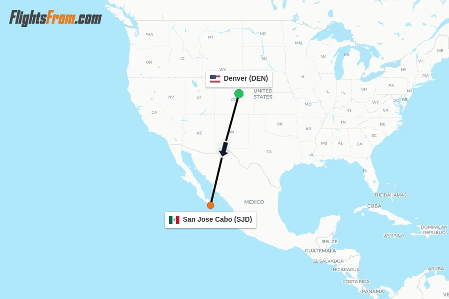 Flights from Denver to San Jose Cabo route map