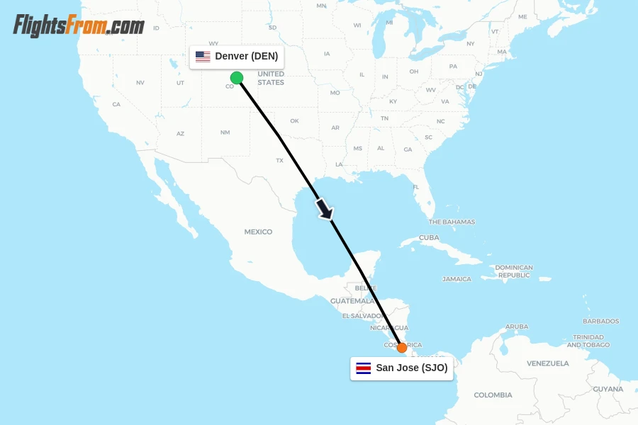 Flights from Denver to San Jose route map