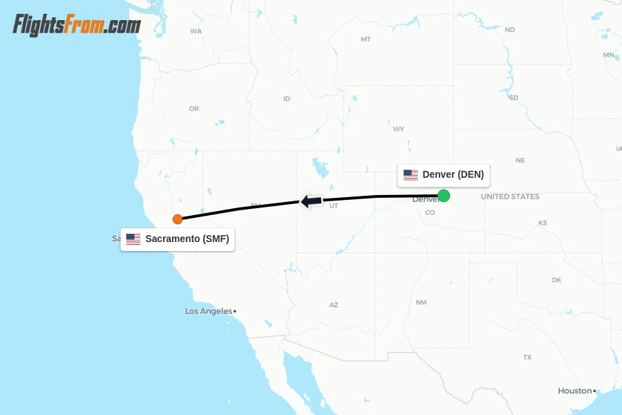 Flights from Denver to Sacramento route map