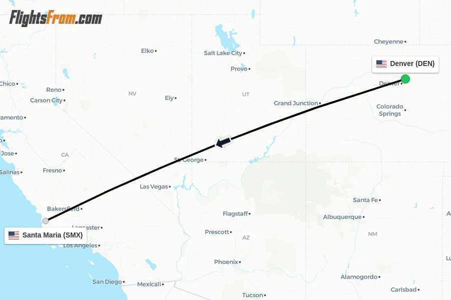Flights from Denver to Santa Maria route map